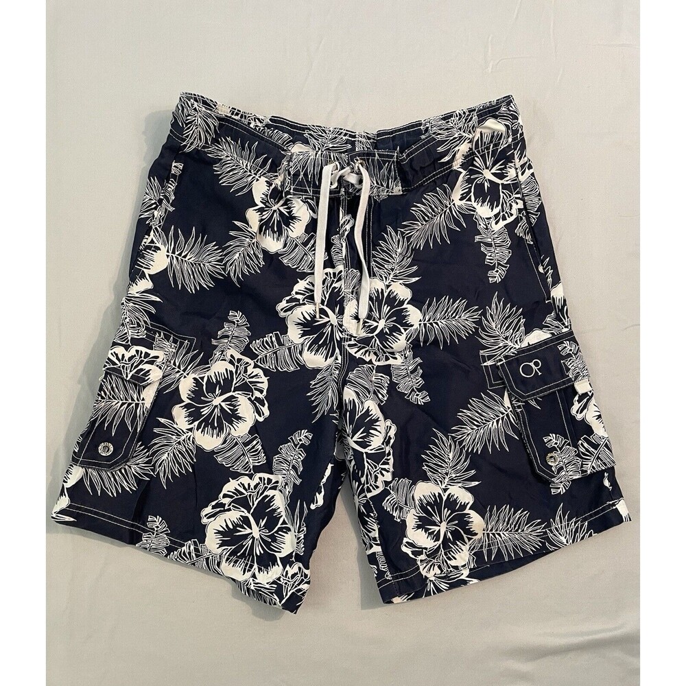 OP Boardshorts Men Size Small 28-30 Black Hawaiian Floral Swimwear Trunks